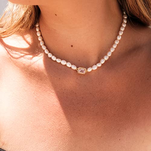 Pink Baguette Pearl Choker Necklace 16'' | Baguette Cubic Zirconia Charm Pendant Necklace Adjustable