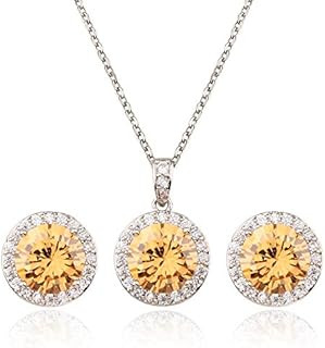 Bridal Crystal Jewelry Set - Sterling Silver Round Cubic Zirconia CZ Rhinestone Halo Birthstone Pendant Necklace Stud Earrings Set for Wedding Bride Bridesmaids Birthday Gift