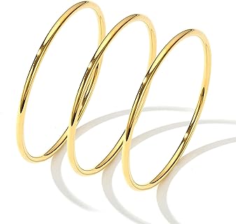 HIIXHC 14K Gold Plated Bangle Bracelet - 3mm Stackable Bangles Bracelet Stainless Steel Thin Round Bracelet Set for Women Girls, Set of 3