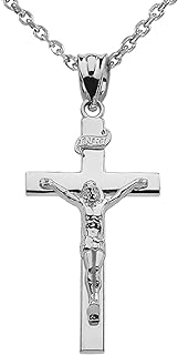 Catholic White Gold Pendant Necklace with Spring Ring Clasp, INRI Crucifix Linear Cross Design for Men and Women - 14k INRI Crucifix Charm, 18 inches