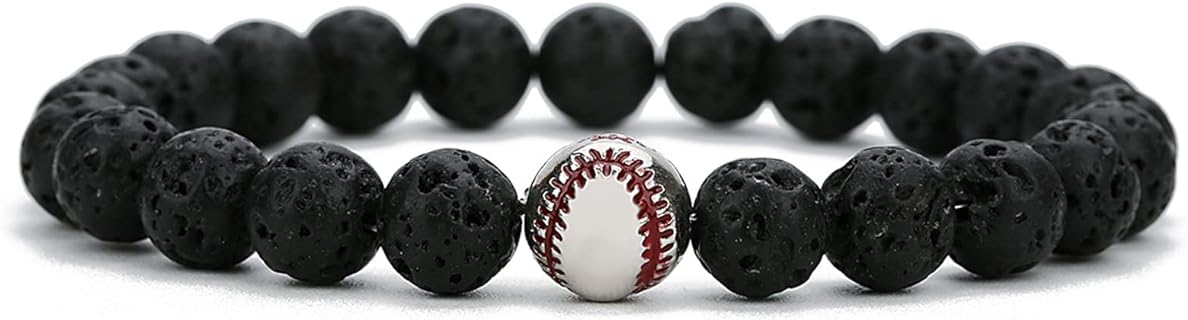 Unisex Beaded Baseball Bracelet - Caiyao Power Collection - 8MM Matte Agate & Lava Rock Stone - feat. Unique Bead Chain & Secure Clasp - Ideal Sports-Inspired Gift