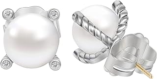 Myshiwu Brass Twisted Cable Wire Cubic Zirconia Pearl Stud Earrings for Women - Push Back Vintage-Modern Design