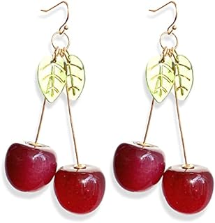 Handmade Big 18K Gold Plated Sweet and Lovely 3D Red Cherry Dangle Drop Earrings with Green Leaves for Women Girls Dainty Fruits Jewelry Gifts