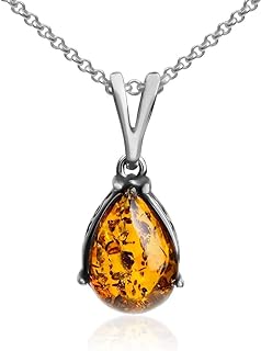 Ian & Valeri Co. Authentic Baltic Amber Drop Pendant, Sterling Silver Rolo Chain Necklace with Lobster-Claw Clasp, 18 Inches