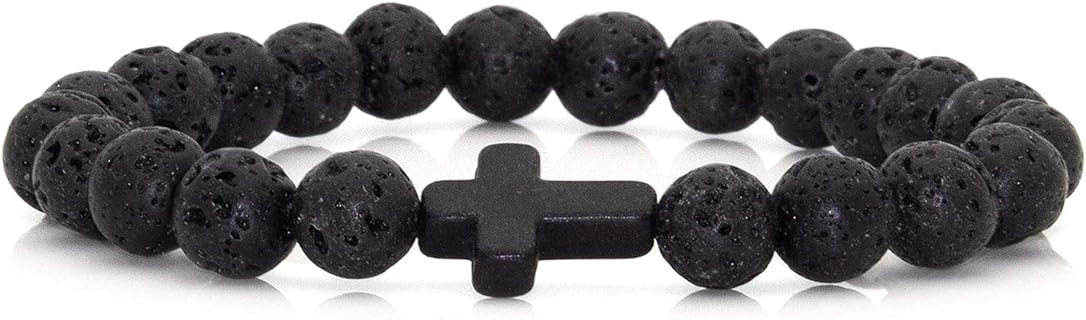 No-Clasp 8mm Lava Stone Bead Essential Oil Diffuser Bracelet with Religious Cross Design for Spiritual Style Enthusiasts