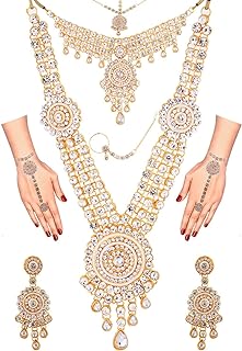 Efulgenz Indian Bollywood Bridal Wedding Kundan Crystal Necklace Earring Maang Tikka Head Chain Nose Ring Bracelet Jewelry Set B083FKXPP2 (White)