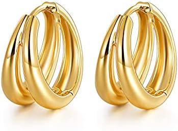 Dazzling Double Hoop Cubic Zirconia Earrings with Hinged Clasp for Women & Teen Girls, 18K Gold Plated Punk Design