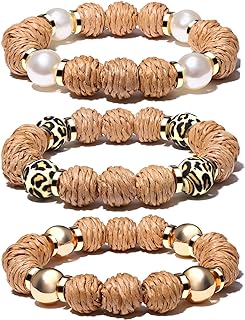 Rattan Bracelets for Women Handmade Woven Rattan Ball Beaded Stretch Bracelets Stackable Boho Bangle Bracelets Summer Beach Jewelry