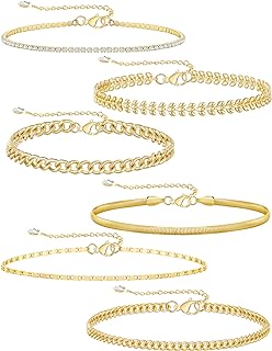 6Pcs Ankle Bracelets for Women Teen Girls, 14K Real Gold Anklet Bracelets Waterproof Gold Herringbone Figaro Tennis Cuban Link Anklet Gold Anklet Beach Charm Chain Anklet Bracelet Set Filled Gold Link Bracelet Adjustable Gold Anklet Foot Jewelry…