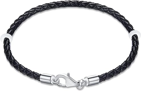 17-22cm Black Red Braided Leather Bracelet with 925 Sterling Silver Lobster Clasp-Fit Pandora Charm/Beads/Pendant, Gift for Men/Women/Grandson Christmas Birthday