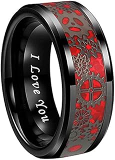 Stunning Tungsten Carbide Wedding Rings with Vibrant Carbon Fiber Steampunk Gear Inlay for Men and Women - Comfort Fit Silver and Black Bands with Beveled Edges, Engraved 'I Love You'