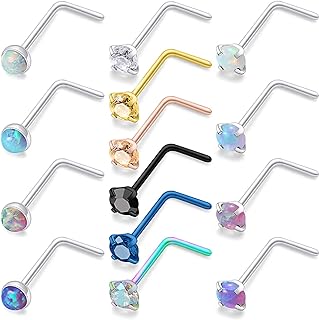 Ocptiy 18G 20G Nose Rings Piercings 316L Surgical Steel Hypoallergenic Nose Rings Hoops Opal Diamond Nose Stud L Shaped Screw Straight Nose Piercing Jewelry for Women Men Girls