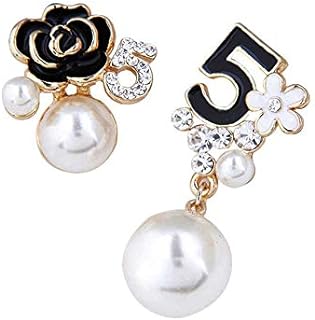 Faux Imitation Pearl Black Floral Dangle Drop Earrings Studs