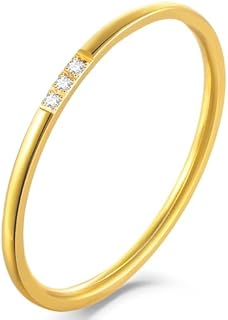 Skinny Thin 3 Stones Flush Set Cubic Zirconia Stackable Band Ring for Women Men,14k Gold Plated Titanium Comfort Fit Band Rings