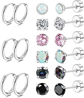 Cristina's Hypoallergenic Stainless Steel Earrings Set: 9 Pairs of Surgical 20G Studs for Men & Women with AAA+ Cubic Zirconia Gems in Diverse Shapes & Designs