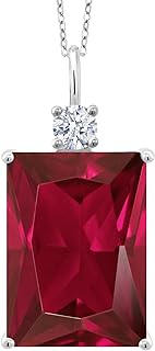 Gem Stone King 925 Sterling Silver Red Created Ruby Pendant Necklace For Women | 20.00 Cttw | Emerald Cut 18X13MM | With 18 Inch Silver Chain