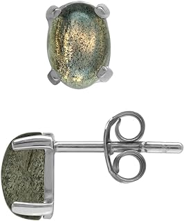 Rhodium-Plated Sterling Silver Stud Earrings - Natural Labradorite Stone - Business & Casual Jewelry for Women - Oval Cabochon Design