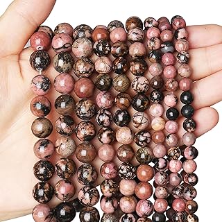 AUREHEN 8mm Black Strip Rhodonite Beaded Necklace - Semi-Precious Round Gemstones with Elastic Cord - Jewelry Making DIY Kit - Stone Material for Necklaces and Bracelets - Ideal Art & Craft Item