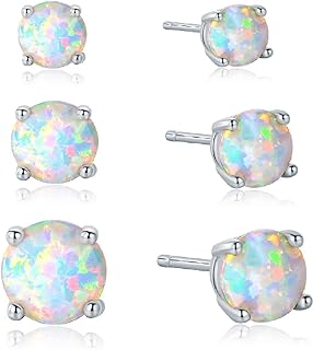 Opal Stud Earrings Set,925 Sterling Silver 3/5/7mm Round Opal Stud Earrings Plated With 18K White Gold Pack of 3