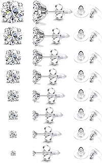 2-9MM CZ Stud Earrings Set 8 Pairs 316L Stainless Steel Cubic Zirconia Stud Earrings for Women Cartilage Earring Stud Surgical Steel Round Zirconia Stud Earrings Set