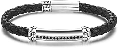 Men's Carleen Freedom 925 Sterling Silver Braided Bracelet with Genuine Leather & Cubic Zirconia - Lobster Claw Clasp - 21cm