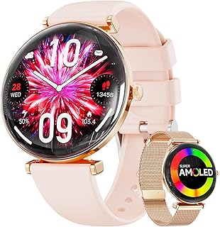 Hwagol スマートウォッチ V92、1.43インチAMOLED画面と2種バンド付き、Bluetooth通話や音声アシスタント搭載でレディースに最適