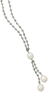 18 Inch Oxidized Ste. Silver 2mm X 4.5mm Labradorite Bead Necklace Double Strand Cult. Fw Pearl Drop Jewelry Gifts for Women