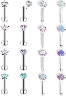 Kwoencxi 16Pc Set of 18G Threadless 3mm Cubic-Zirconia & Crystal Silver Nose Rings in Stainless Steel with Various Designs for Women