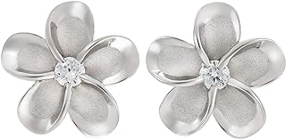 14K Gold Plated 925 Sterling Silver Stud Earrings with Cubic Zirconia, Hawaiian Plumeria Flower Design, Suitable for Sensitive Skin, Comes in 15mm Size, Gift Box Included - Hypoallergenic Push Back Post Studs for Her