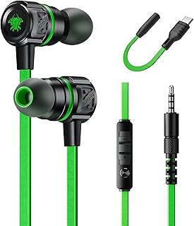 Aitalk Green In-Ear Gaming Earbuds with USB-C & 3.5mm Dual Plug, Stereo Deep Bass, and Magnetic Design for Gamers. Perfect for Small Ears and Compatible with Various Devices