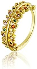 14K Gold Plated Brass Ring with Cubic Zirconia, Unique Rainbow Wheat Curve Design, Size 6.5, Ideal Gift for Women - LEXODY Pearls Leaf Ring