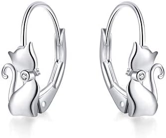 Leverback Sterling Silver Cat Dangle Earrings Adorned with Cubic Zirconia Gems for Teen Girls and Women, Perfect Animal Lover Gift, Cat/Fox/Axolotl Design