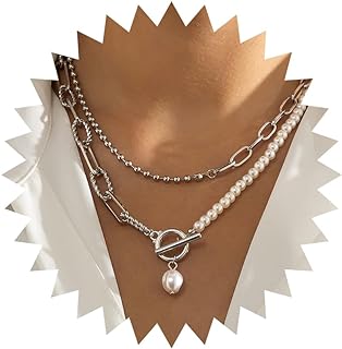 Silver Layered Baroque Pearl Necklace with OT Clasp & Rope Chain, Vintage Chunky Paper Clip Pearl For Women and Girls - Zinc Metal
