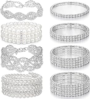 No-Clasp Rhinestone and Crystal Link Chain Bracelet for Women, Cubic Zirconia Accented, Stackable Elastic Multi-Strand Design