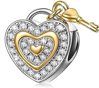 Crazy in Love Heart and Key Lock Charm Bracelet, 925 Sterling Silver Bead Compatible with Pandora