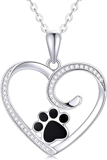 14k White Gold Heart Pendant with Moissanite Paw Print, Link Clasp, Spring-Ring Chain for Women's Animal-Inspired Design