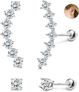 Sllaiss 2 Pairs Sterling Silver CZ Cartilage Stud Earrings Set for Women White Gold Plated Climber Helix Conch Daith Piercing with Screw Back (Silver)
