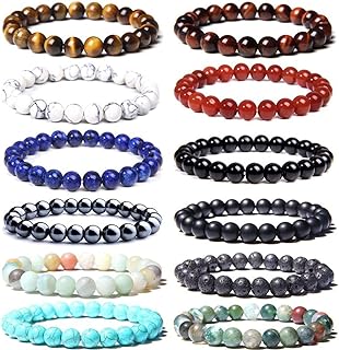 12 PCS 8mm Semi-Precious Gemstone Bracelet Set Healing Crystal Stone Stretch Bracelets for Men Women Round Beaded Elastic Bracelets