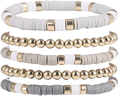 Pingyongchang Surfer Heishi Clay Beaded Bracelets for Women Boho Polymer Clay Colorful Surfer Stackable Beads Stretch Bracelet Summer Beach Elastic Layering Bracelets Set for Women Girls Jewelry