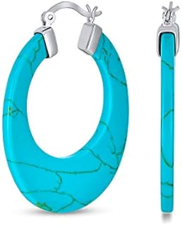 Wide Flat Black Blue Turquoise Gemstone Large Oval Hoop Earrings For Women Teen .925 Sterling Silver More Colors 1.5" Diameter