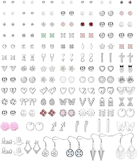 Lever Back Stainless Steel Stud Earrings Set- Pearl & Metal Arrows, Geometric & Ball Designs for Women- Thunaraz 90 Pairs Assorted Shapes