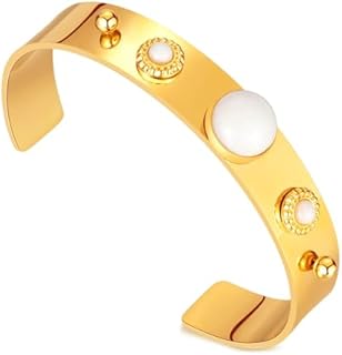 Fashion 18K Gold Plated Adjustable Arm Bracelet Faux White Jade Stone Bracelet Stainless Steel Open Cuff Bracelet