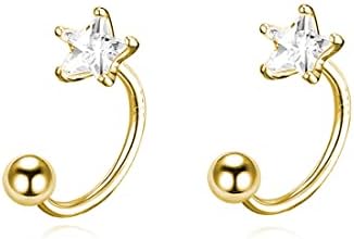 Reffeer Solid 925 Sterling Silver Star Half Hoop Earrings Open Huggie Hoops for Women Girls Ball Cuff Earrings Star