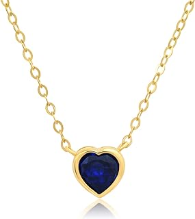 MAX + STONE 14k Yellow Gold Mini Heart Pendant Necklace with Created Blue Sapphire, Adjustable Cable Chain and Secure Spring Ring Clasp for Women