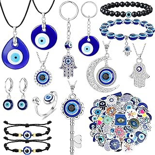 YADOCA Protection Jewelry Set: Evil Eye Necklaces, Bracelets, Earring & Ring with Lobster Clasp & Cubic Zirconia Gems - Alloy Made Turkish Hamsa Hand Pendant