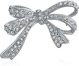 Winter Wedding Holiday White Glittering Crystal Bridal Fashion Large Statement Ribbon Bow Scarf Brooch Pin For Women Silver Plated