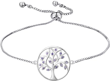 YL Sterling Silver Amethyst Bangle Bracelet with Cubic Zirconia Emerald Family Tree Design and Box Chain