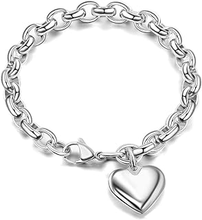 Jewelry Kingdom 1 Heart Charm Bracelet for Women Girls Silver Stainless Steel Chain Adjustable Valentines Day Jewelry Gift (Length of 7-11")