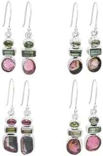 925 Sterling Silver Watermelon Tourmaline Dangle Earrings with French Wire Backing, Irregular Fancy-Shaped Design