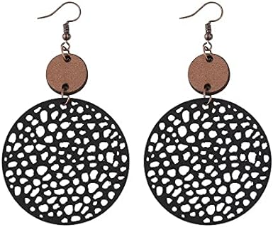 Wooden and Leather Round Dangle Earrings with French Wire Back Finding for Women and Girls